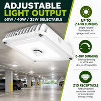 LED Square Garage Canopy Light - Watt Selectable 60W/40W/25W - Up To 7400 Lumens - Ceiling or Conduit Mount - 4000K Neutral White - 120-277V - White - With Z10 Receptacle