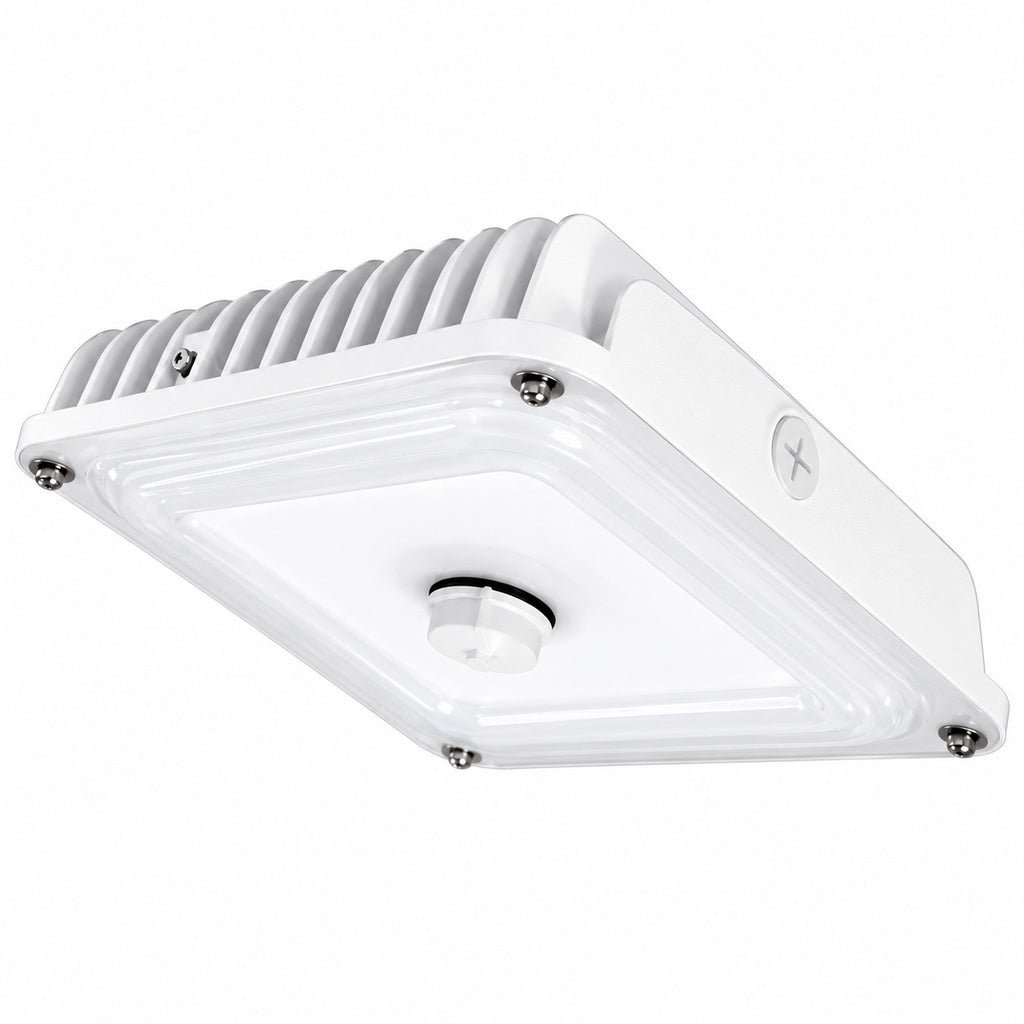LED Square Garage Canopy Light - Watt Selectable 60W/40W/25W - Up To 7400 Lumens - Ceiling or Conduit Mount - 4000K Neutral White - 120-277V - White - With Z10 Receptacle
