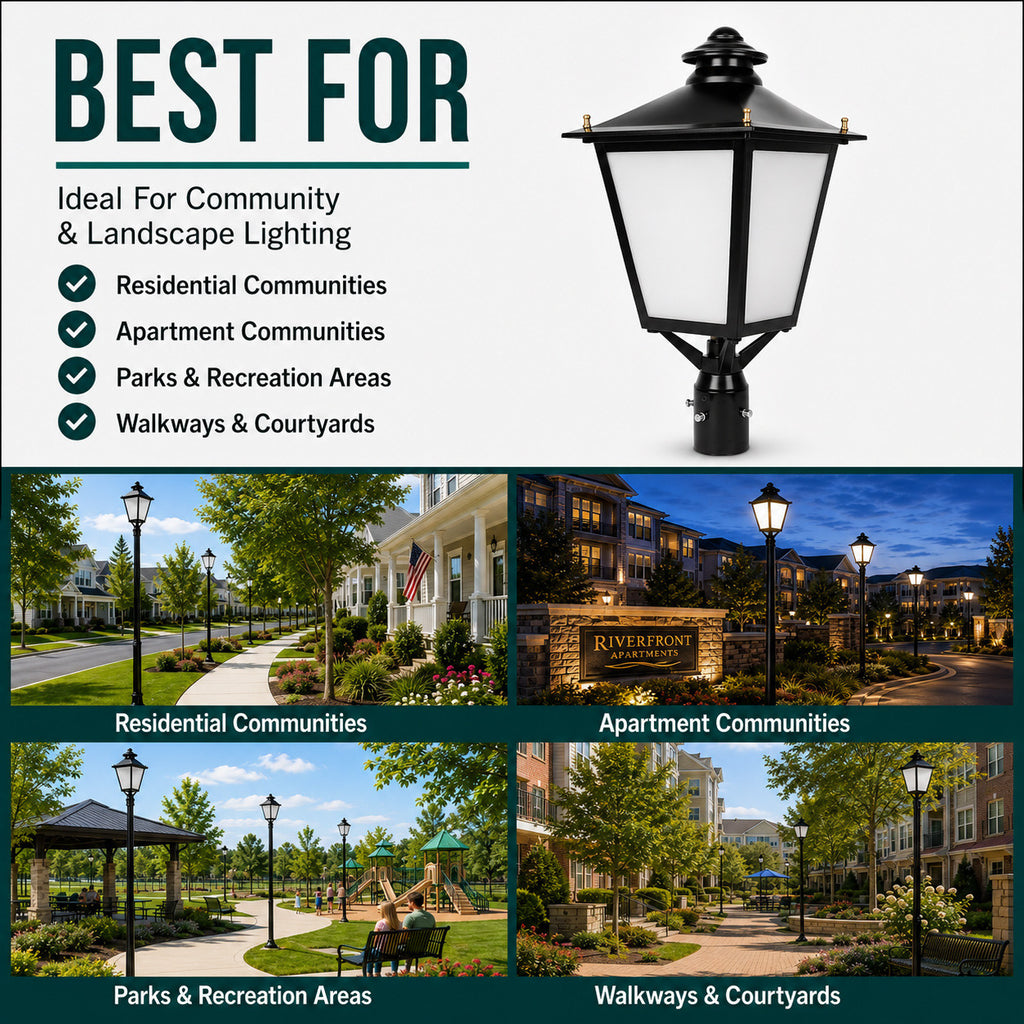 LED Decorative Post Light with Photocell - 60 Watt - 7200 Lumens - Color Selectable 30K/40K/50K - 120-277V - Black - Fits Up to 3 Inch Pole Top