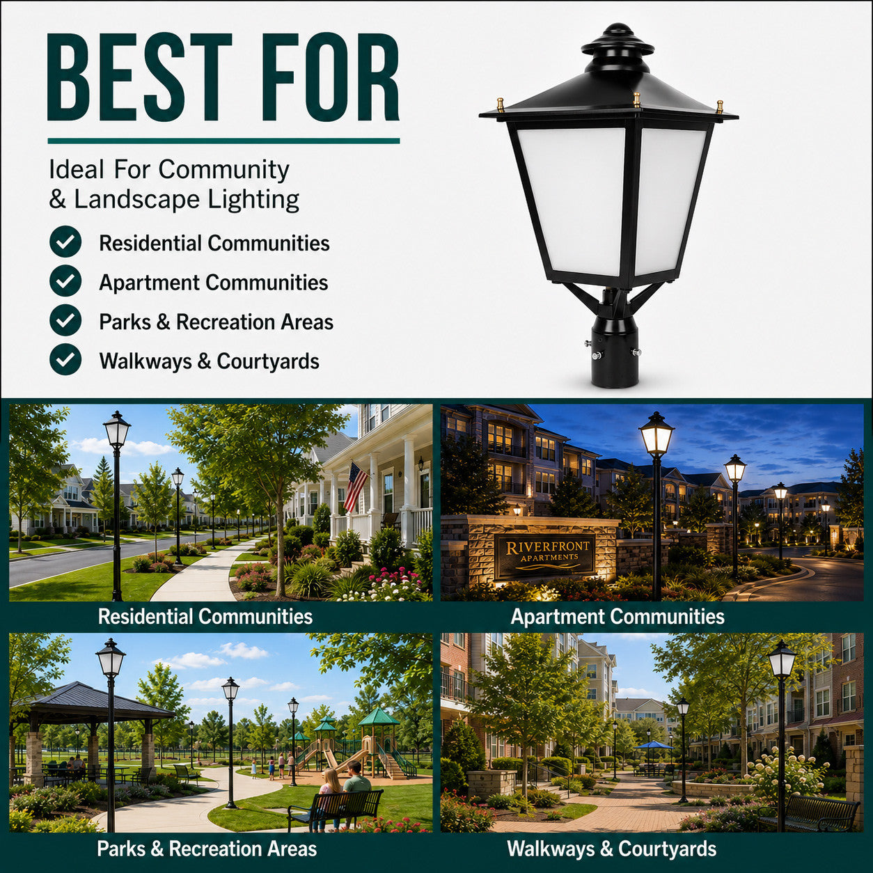 LED Decorative Post Light - 60 Watt - 7200 Lumens - Color Selectable 30K/40K/50K - 120-277V - Black - Fits Up to 3 Inch Pole Top