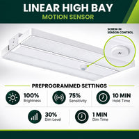 Linear High Bay LED Light - 1ft. x 2ft. - 320W/300W/280W/260W - 48000 Max Lumens - 5000K Daylight - 120-277V - Dimmable - With Motion Sensor