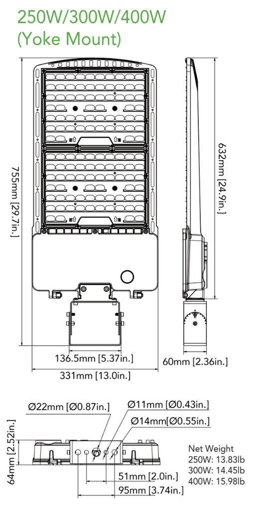 LED Parking Lot Area Light - 400W/360W/320W/300W Watt Selectable - 61000 Max Lumens - Trunnion Mount - Color Selectable 40K/50K - 347-480V - Bronze Finish
