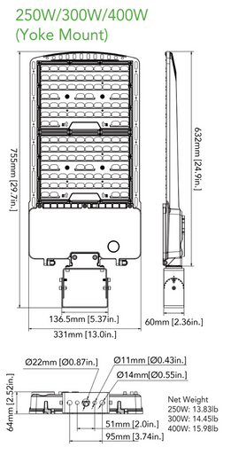 LED Parking Lot Area Light - 400W/360W/320W/300W Watt Selectable - 61000 Max Lumens - Trunnion Mount - Color Selectable 40K/50K - 347-480V - Bronze Finish
