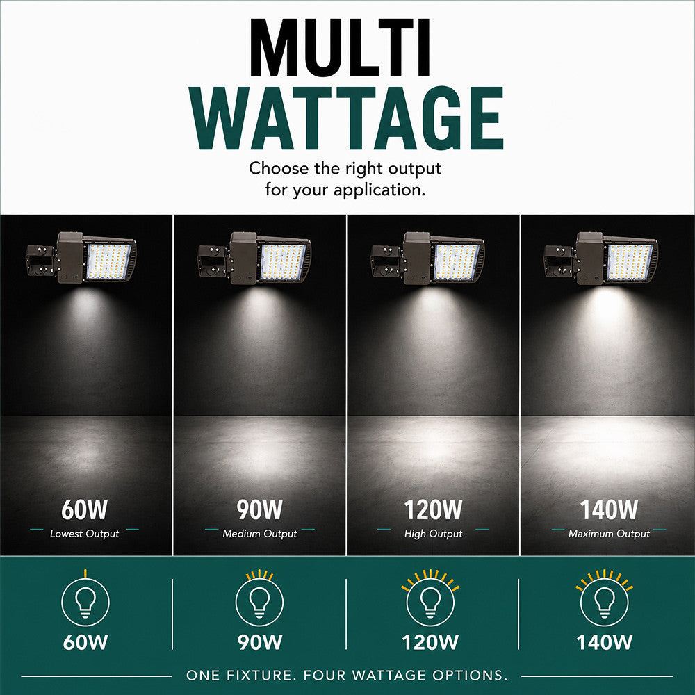 LED Parking Lot Area Light - Watt Selectable - 60/90/120/140W - Color Selectable 30K/40K/50K - 23000 Max Lumens - Yoke Mount
