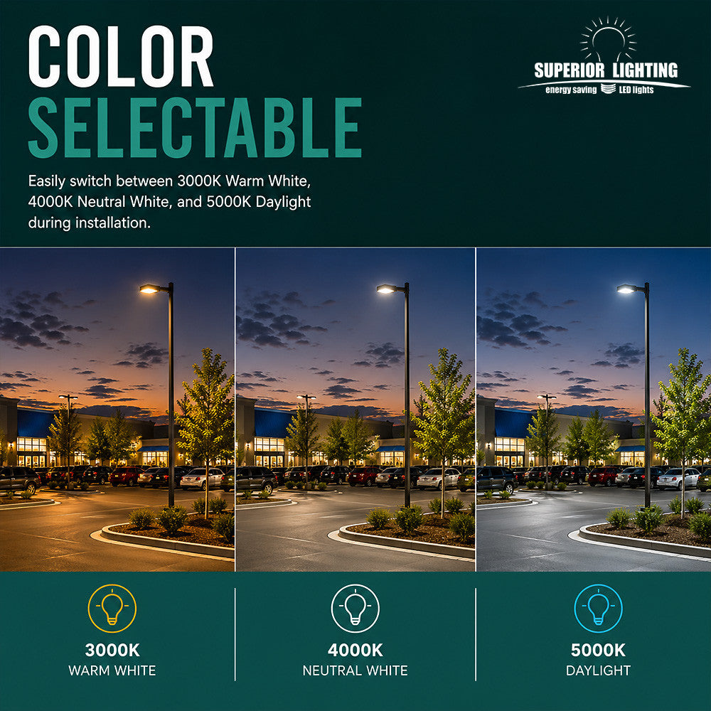 LED Parking Lot Area Light - Watt Selectable - 60/90/120/140W - Color Selectable 30K/40K/50K - 23000 Max Lumens - Yoke Mount