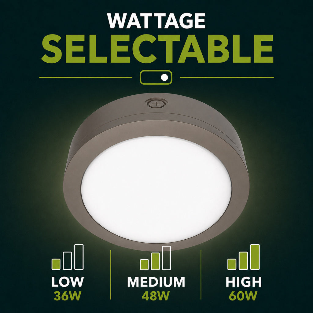 LED Round Bulk Head Light - Wall or Ceiling Mount – Wet Location - Watt Selectable 60W/48W/36W - Color Selectable 30K/40K/50K - 120/277V - Bronze Finish - Integrated Photocell Included