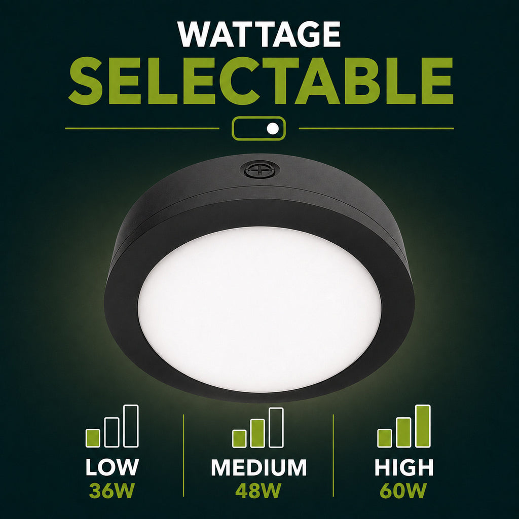 LED Round Bulk Head Light - Wall or Ceiling Mount – Wet Location - Watt Selectable 60W/48W/36W - Color Selectable 30K/40K/50K - 120/277V - Black Finish - Integrated Photocell Included