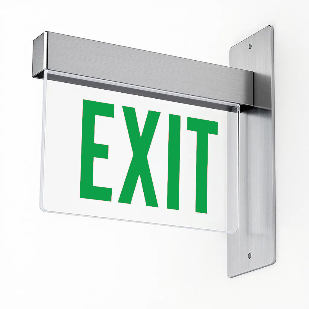 Lithonia Aluminum Edge-Lit Exit Sign, Single face, Green on clear, Dual voltage, End mount, AC Only - NO Emergency Battery