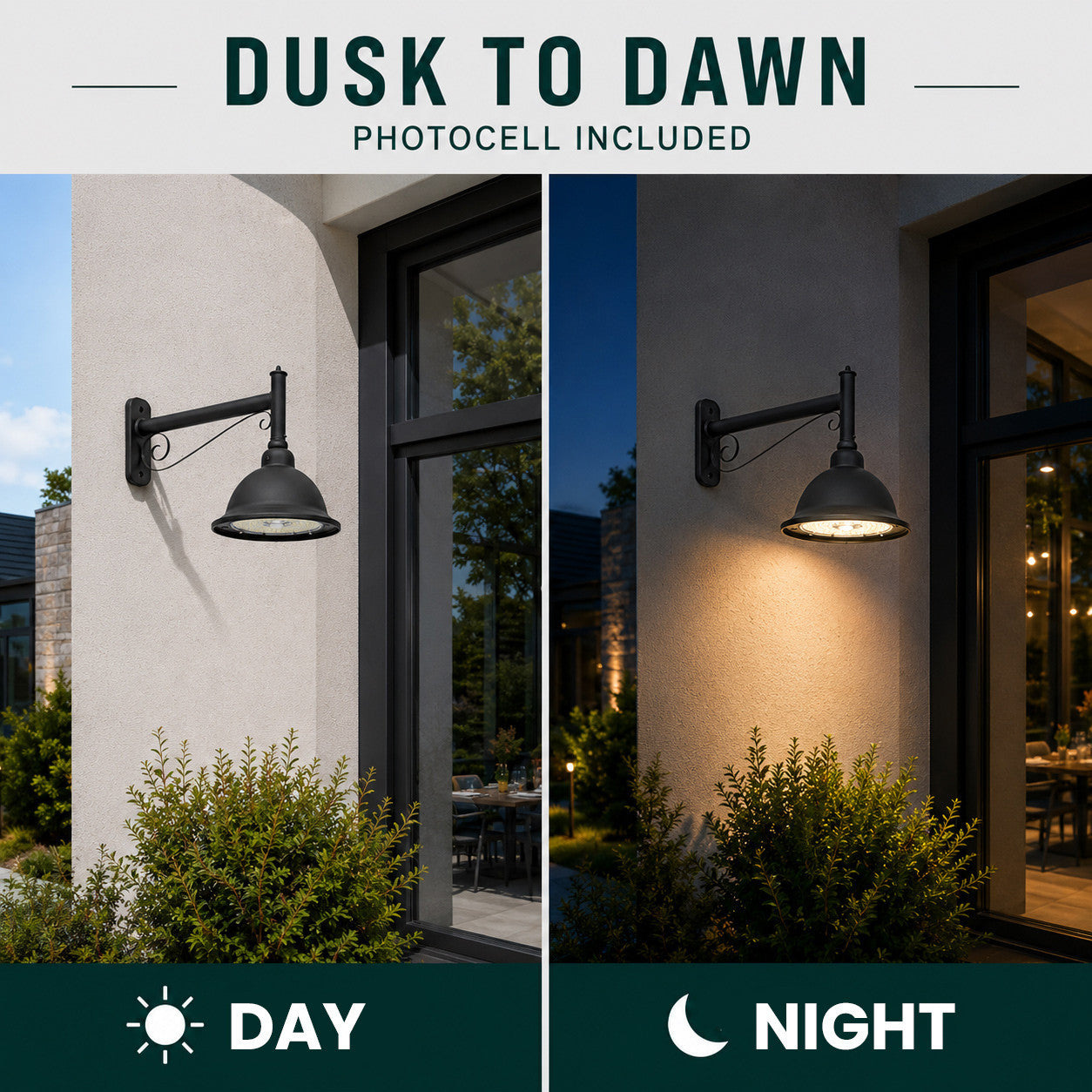 LED Designer Bell Post Light - 16 Inch Diameter - Watt Selectable 100/80/50W - 110-277V - Color Temperature Selectable 30/40/50K - Dimmable - Black Finish - With Decorative Straight Arm Pole Bracket - Photocell Included