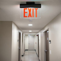 Plastic Edge Lit LED Exit Sign Surface Mount - Black Housing with Mirror Panel - Red/Green Selectable Lettering