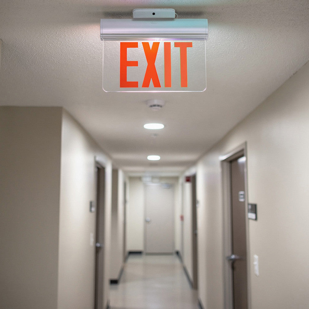LED Edge Lit Exit Sign -  Top, Back or End Surface Mount - Plastic - Silver Housing with Mirror Panel - Red/Green Selectable Lettering