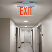 LED Edge Lit Exit Sign -  Top, Back or End Surface Mount - Plastic - Silver Housing with Mirror Panel - Red/Green Selectable Lettering
