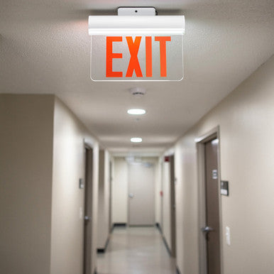 Plastic Edge Lit LED Exit Sign Surface Mount - White Housing with Mirror Panel - Red/Green Selectable Lettering