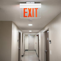 Plastic Edge Lit LED Exit Sign Surface Mount - White Housing with Mirror Panel - Red/Green Selectable Lettering