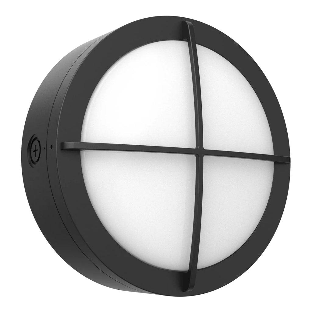 LED Round Bulk Head Light With Cross Trim - Wall or Ceiling Mount – Wet Location - Watt Selectable 60W/48W/36W - Color Selectable 30K/40K/50K - 120/277V - Black Finish - Integrated Photocell Included