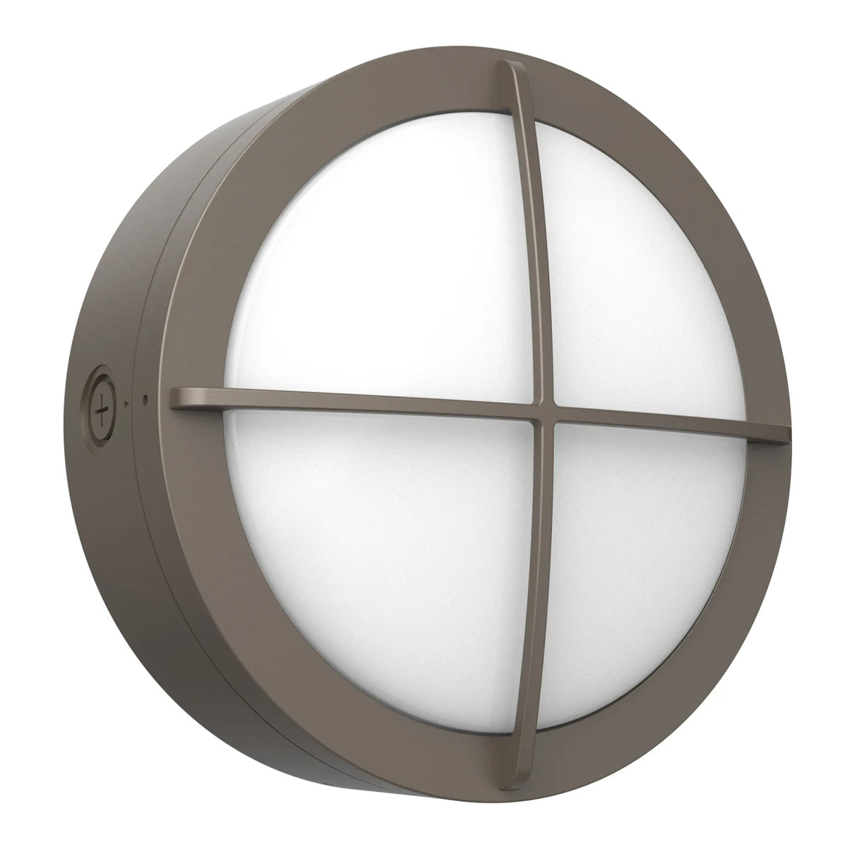 LED Round Bulk Head Light With Cross Trim - Wall or Ceiling Mount – Wet Location - Watt Selectable 60W/48W/36W - Color Selectable 30K/40K/50K - 120/277V - Bronze Finish - Integrated Photocell Included