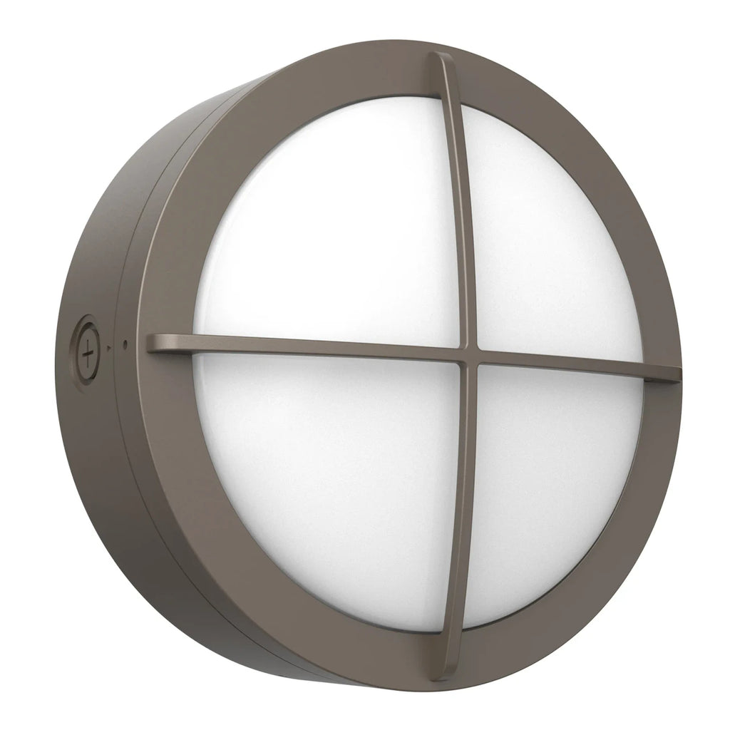 LED Round Bulk Head Light With Cross Trim - Wall or Ceiling Mount – Wet Location - Watt Selectable 60W/48W/36W - Color Selectable 30K/40K/50K - 120/277V - Bronze Finish - Integrated Photocell Included