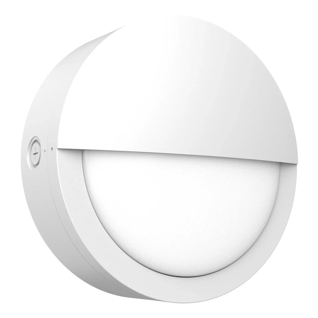 LED Round Bulk Head Light With Eyelid Trim - Wall or Ceiling Mount - Wet Location - Watt Selectable 60W/48W/36W - Color Selectable 30K/40K/50K - 120/277V - White Finish - Integrated Photocell Included