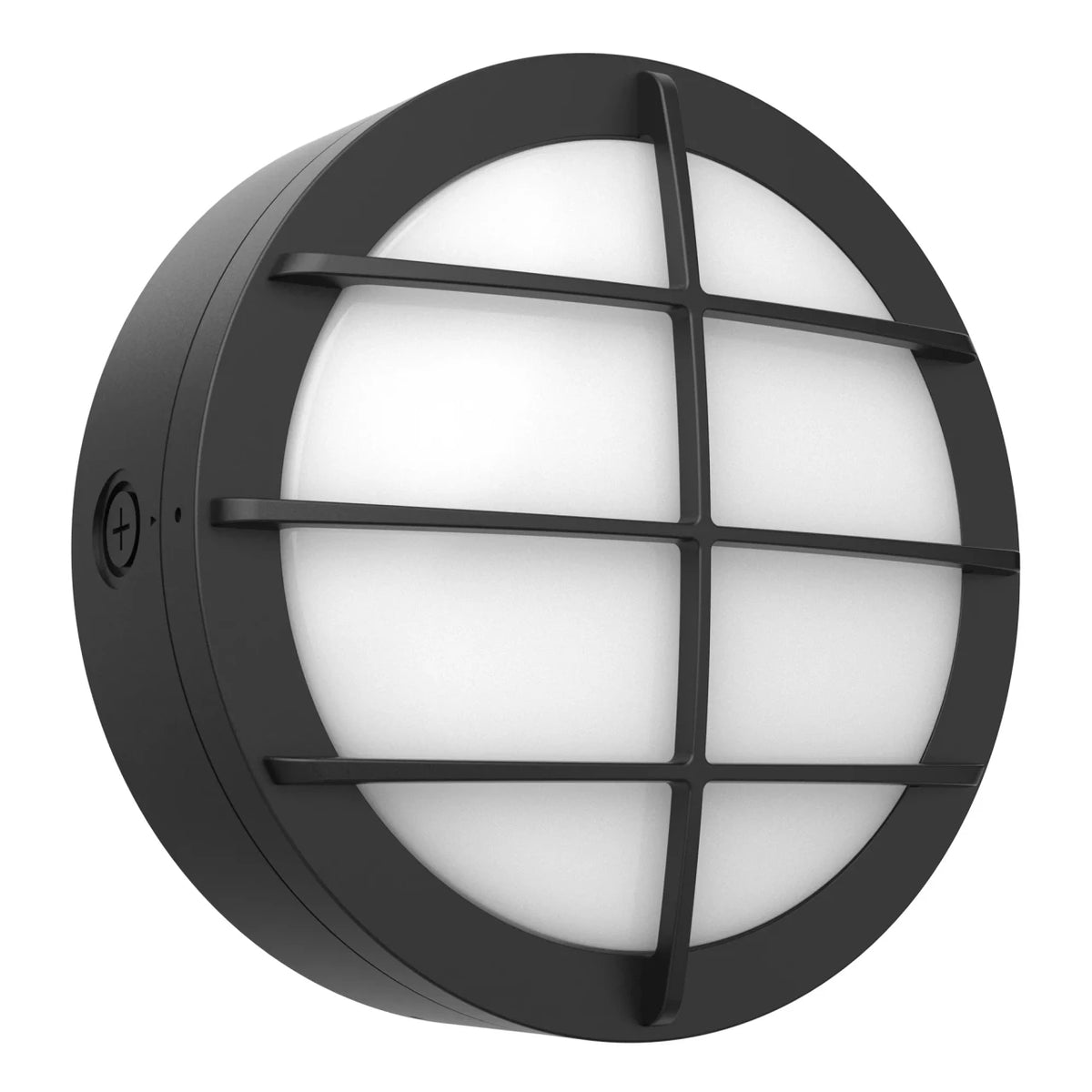 LED Round Bulk Head Light With Grid Trim - Wall or Ceiling Mount – Wet Location - Watt Selectable 60W/48W/36W - Color Selectable 30K/40K/50K - 120/277V - Bronze Finish - Integrated Photocell Included