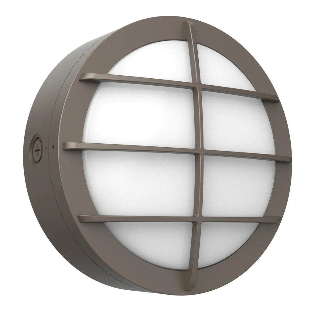 LED Round Bulk Head Light With Grid Trim - Wall or Ceiling Mount – Wet Location - Watt Selectable 60W/48W/36W - Color Selectable 30K/40K/50K - 120/277V - Black Finish - Integrated Photocell Included