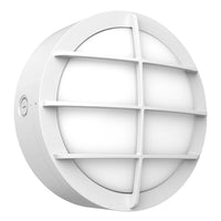 LED Round Bulk Head Light With Grid Trim - Wall or Ceiling Mount – Wet Location - Watt Selectable 60W/48W/36W - Color Selectable 30K/40K/50K - 120/277V - White Finish - Integrated Photocell Included