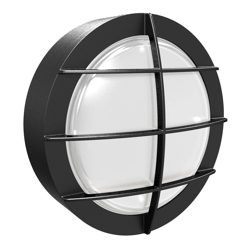 LED Round Bulk Head Light With Grid Cage - Glass Lens - Wall or Ceiling Mount – Wet Location - Watt Selectable 15W/12W/9W - Color Selectable 30K/40K/50K - 120/277V - Black Finish - Integrated Photocell Included