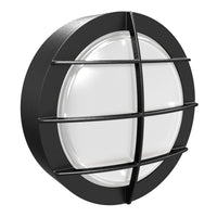 LED Round Bulk Head Light With Grid Cage - Glass Lens - Wall or Ceiling Mount – Wet Location - Watt Selectable 15W/12W/9W - Color Selectable 30K/40K/50K - 120/277V - Black Finish - Integrated Photocell Included