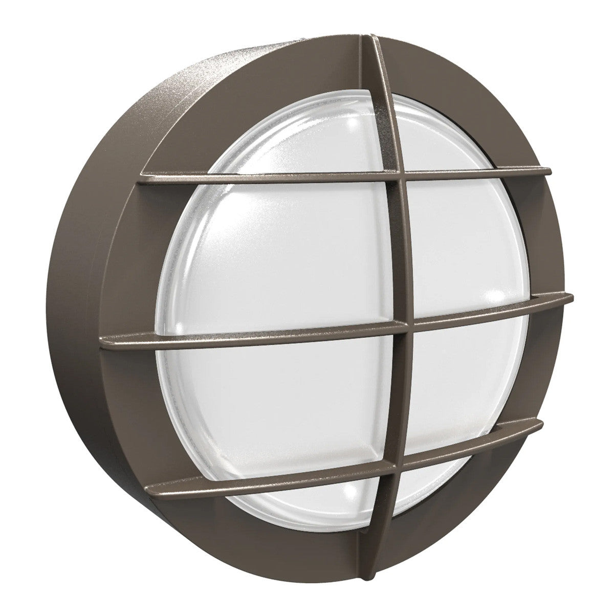 LED Round Bulk Head Light With Grid Cage - Glass Lens - Wall or Ceiling Mount – Wet Location - Watt Selectable 15W/12W/9W - Color Selectable 30K/40K/50K - 120/277V - Bronze Finish - Integrated Photocell Included