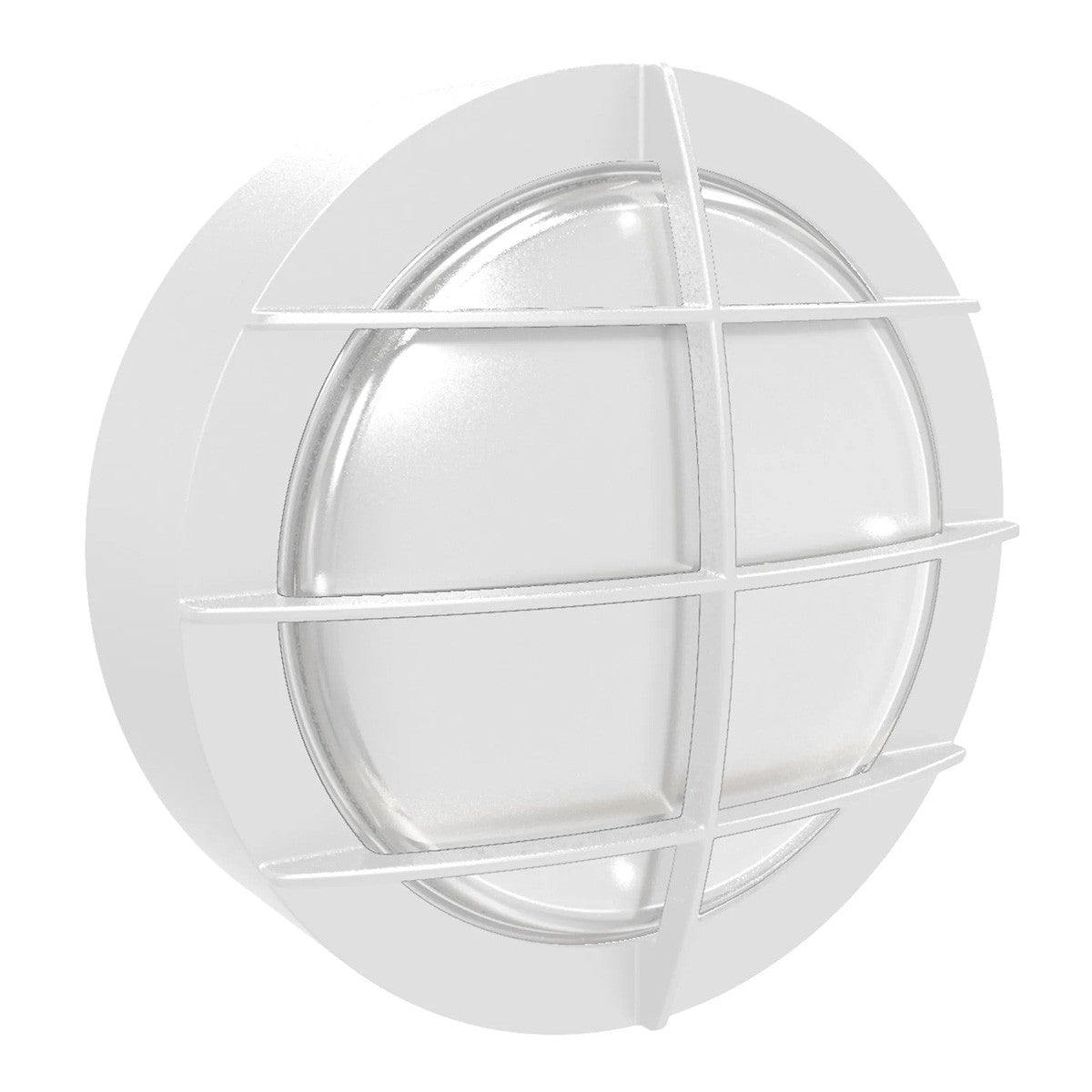 LED Round Bulk Head Light With Grid Cage - Glass Lens - Wall or Ceiling Mount – Wet Location - Watt Selectable 15W/12W/9W - Color Selectable 30K/40K/50K - 120/277V - White Finish - Integrated Photocell Included