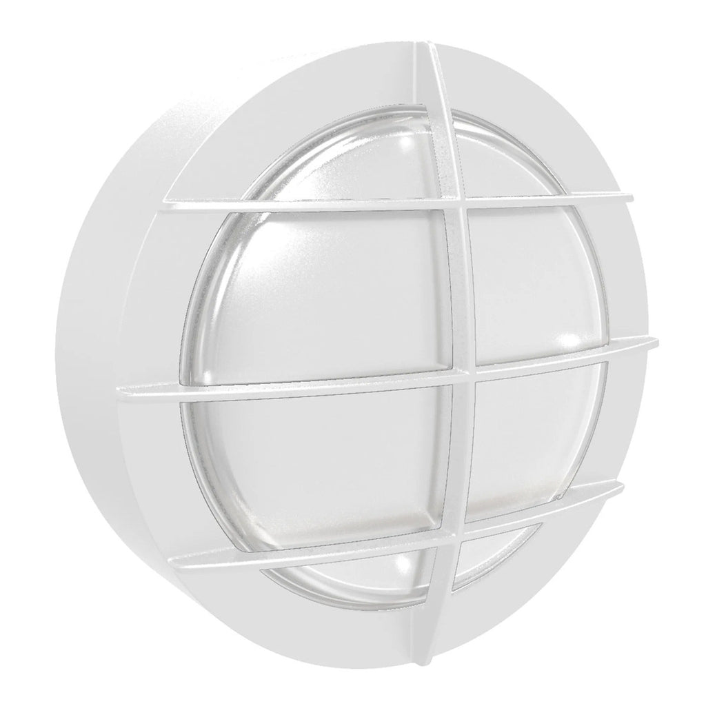 LED Round Bulk Head Light With Grid Cage - Glass Lens - Wall or Ceiling Mount – Wet Location - Watt Selectable 15W/12W/9W - Color Selectable 30K/40K/50K - 120/277V - White Finish - Integrated Photocell Included