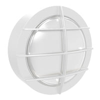 LED Round Bulk Head Light With Grid Cage - Glass Lens - Wall or Ceiling Mount – Wet Location - Watt Selectable 15W/12W/9W - Color Selectable 30K/40K/50K - 120/277V - White Finish - Integrated Photocell Included