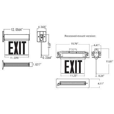 Plastic Edge Lit LED Exit Sign Recessed Mount - Black Trim Plate with Mirror Panel - Red/Green Selectable Lettering
