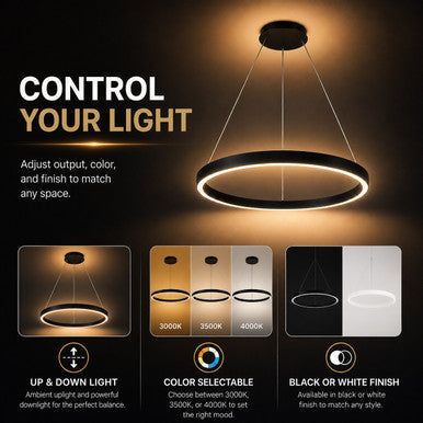 LED Halo Pendant With Up/Down Lights - Suspended Indoor Pendant Fixtures - Multiple Size and Finish Options