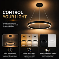 LED Halo Pendant With Up/Down Lights - Suspended Indoor Pendant Fixtures - Multiple Size and Finish Options
