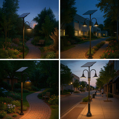 Designer Bell LED Double Head Solar Post Top - 16 Inch Diameter - 50 Watt - 8000 Lumens - Color Temperature Selectable 30K/40K/50K - 5 Inch Tennon Adaptor - Bronze Finish