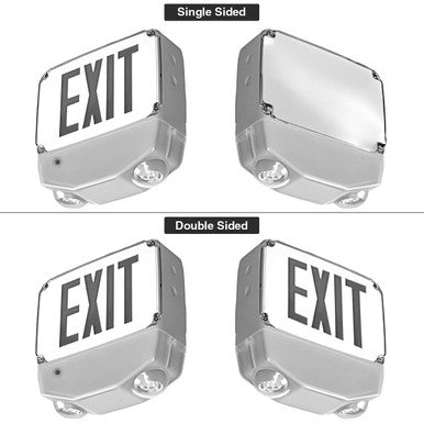 Wet Location Combo LED Exit Sign And Emergency Light Single Face- White Housing Color, and Red Lettering - With 90 Minute Battery Back-Up