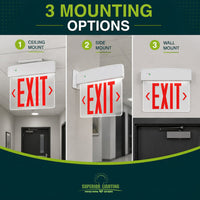 LED Plastic Edge Lit Exit Sign - White Canopy Surface Mount with Mirror Panel and Red Lettering - With Battery Back-Up