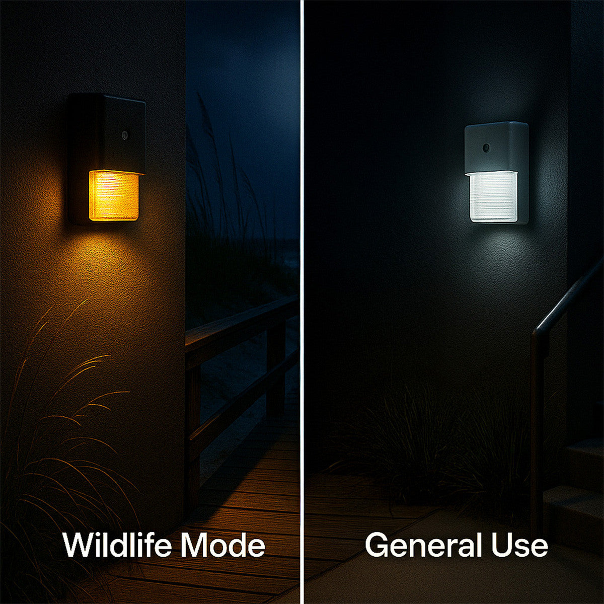 Split-view of mini wall pack light in Wildlife Mode and General Use, showing amber light on boardwalk and 4000K cool white on concrete stairs at night