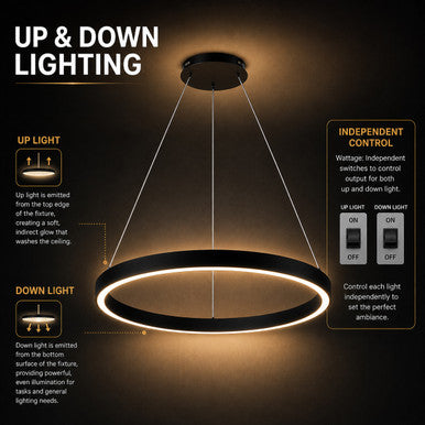 LED Halo Pendant With Up/Down Lights - Suspended Indoor Pendant Fixtures - Multiple Size and Finish Options