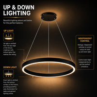 LED Halo Pendant With Up/Down Lights - Suspended Indoor Pendant Fixtures - Multiple Size and Finish Options