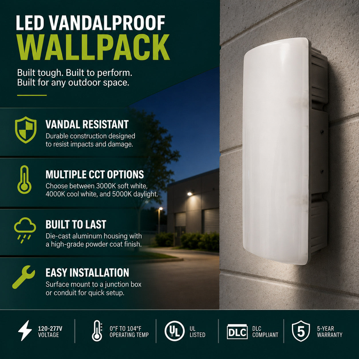 20 Watt LED Vandalproof Wallpack - 1900 Lumens - 4000K Cool White - 120-277V - Bronze Finish