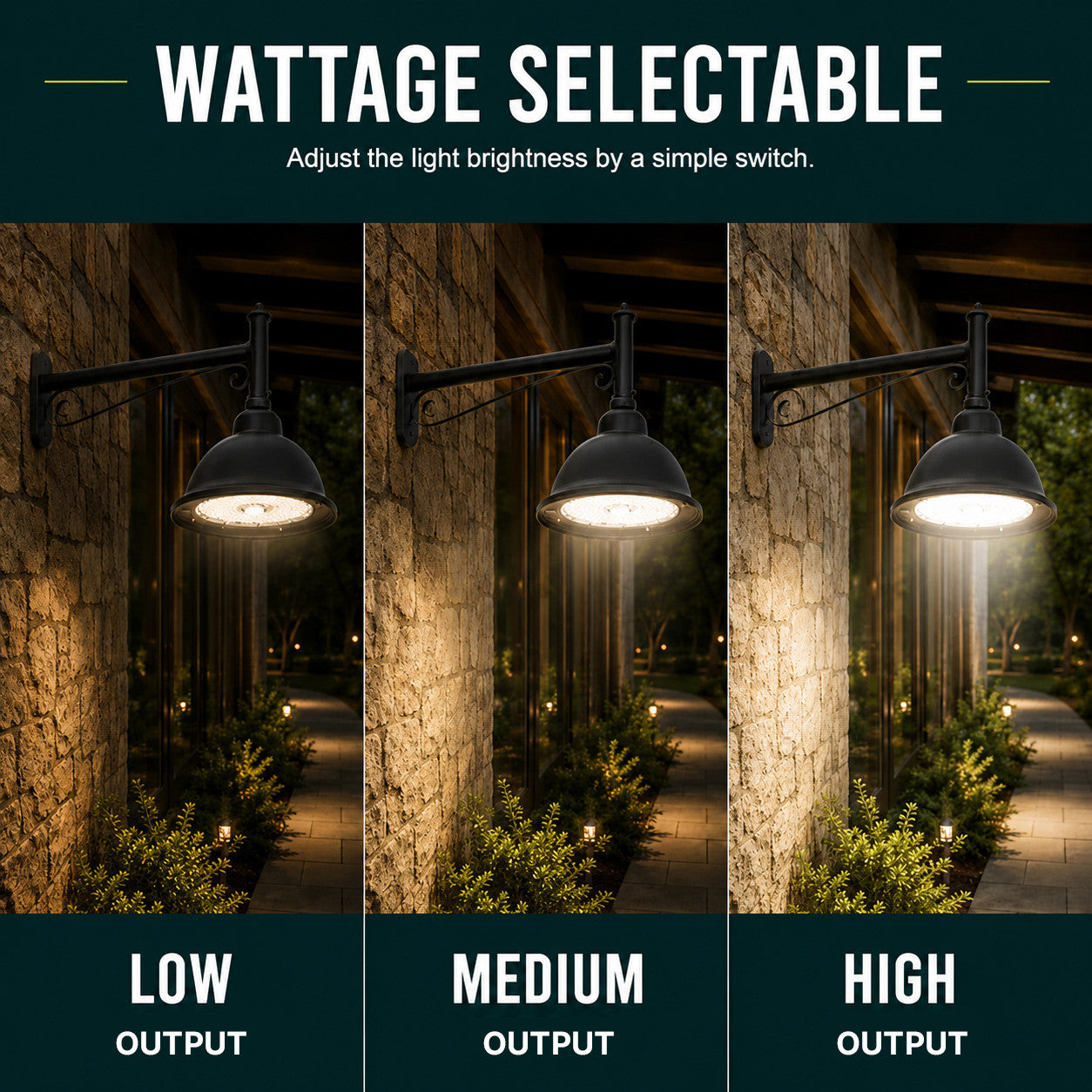 LED Designer Bell Post Light - 16 Inch Diameter - Watt Selectable 100/80/50W - 110-277V - Color Temperature Selectable 30/40/50K - Dimmable - Black Finish - With Decorative Straight Arm Pole Bracket - Photocell Included