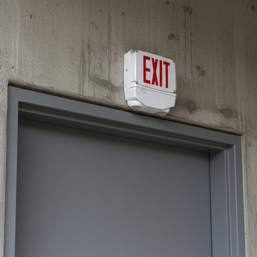 Wet Location Combo LED Exit Sign And Emergency Light Double Face- White Housing Color, and Red Lettering - With 90 Minute Battery Back-Up