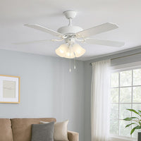 52 Inch White Metal Housing & White MDF Blades 5-Blade Ceiling Fan & Light - 120V - 7W A15 x3 - 3000K Soft White - With Pull Chain Switch