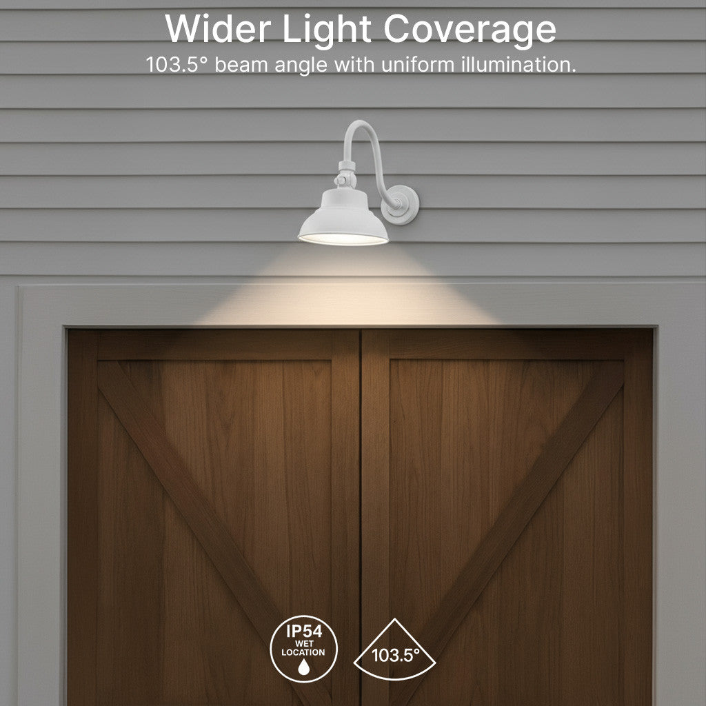 LED Outdoor Gooseneck Wall Lights - Medium 25 Watts - 3000 Lumens - Color Selectable 30K/40K/50K - 120-277V - Integrated Photocell - White Finish