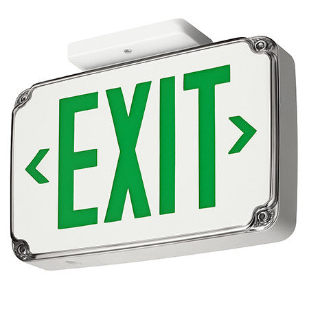 Wet location LED exit sign, White, Single face, Green, Emergency, Emergency operation with self-diagnostic