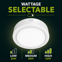 LED Round Bulk Head Light - Wall or Ceiling Mount – Wet Location - Watt Selectable 60W/48W/36W - Color Selectable 30K/40K/50K - 120/277V - White Finish - Integrated Photocell Included
