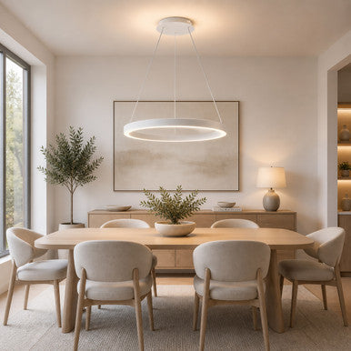 36 Inch LED Halo Pendant Light - Independent Up and Down Light - Watt Selectable 60W/40W/0W On Each Side -  Up to 4600 Lumens - Color Selectable 30K/35K/40K - 120-277V - With Suspension Hanging Kit - White Finish