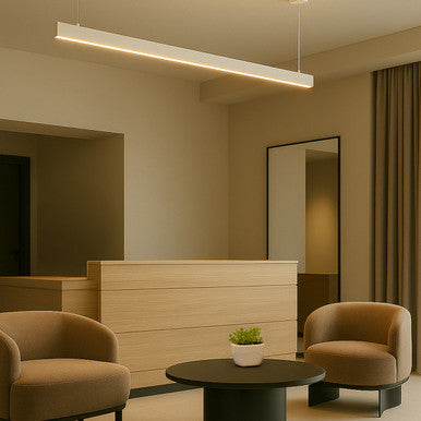 Architectural Slim Pendant Light - Multiwatt 20W/23W/26W/29W - Max 2600 Lumens - 4 Foot - White Finish - Color Tunable 27K/30K/35K/40K/50K - Aperture Optics - Suspension Cable Mount - 120-277V