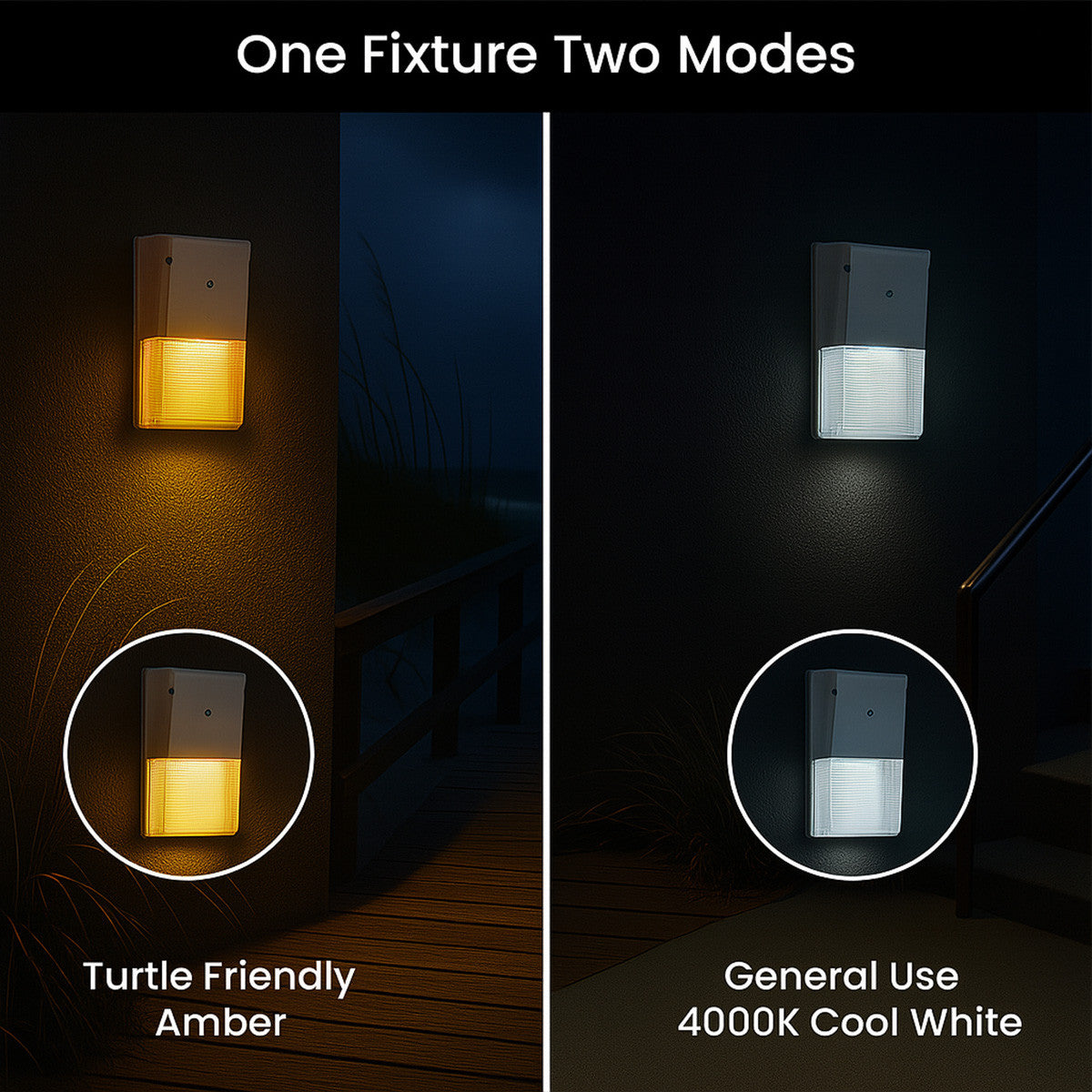 LED Turtle Friendly Wallpack - 20 Watt - Color Selectable 4000K Cool White or Amber - 120-277V - White Finish - Integrated Photocell - TURTLE SAFE